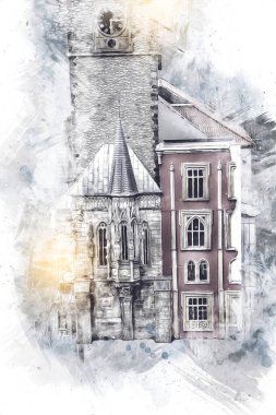 Prag 'daki eski şehir meydanı, Çek Cumhuriyeti, sanat illüstrasyonu antika eskiz