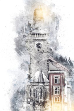 Prag 'daki eski şehir meydanı, Çek Cumhuriyeti, sanat illüstrasyonu antika eskiz