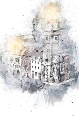 Prag 'daki eski şehir meydanı, Çek Cumhuriyeti, sanat illüstrasyonu antika eskiz