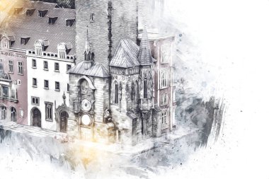 Prag 'daki eski şehir meydanı, Çek Cumhuriyeti, sanat illüstrasyonu antika eskiz