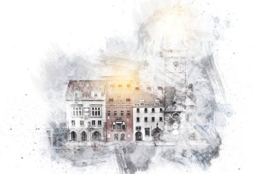 Prag 'daki eski şehir meydanı, Çek Cumhuriyeti, sanat illüstrasyonu antika eskiz