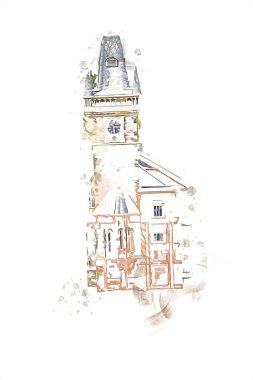 Prag 'daki eski şehir meydanı, Çek Cumhuriyeti, sanat illüstrasyonu antika eskiz