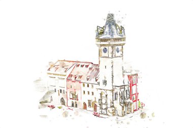 Prag 'daki eski şehir meydanı, Çek Cumhuriyeti, sanat illüstrasyonu antika eskiz