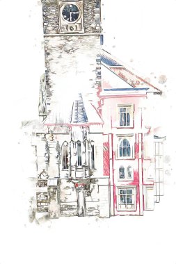 Prag 'daki eski şehir meydanı, Çek Cumhuriyeti, sanat illüstrasyonu antika eskiz