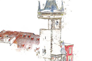 Prag 'daki eski şehir meydanı, Çek Cumhuriyeti, sanat illüstrasyonu antika eskiz