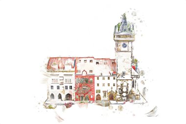 Prag 'daki eski şehir meydanı, Çek Cumhuriyeti, sanat illüstrasyonu antika eskiz