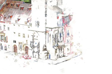 Prag 'daki eski şehir meydanı, Çek Cumhuriyeti, sanat illüstrasyonu antika eskiz