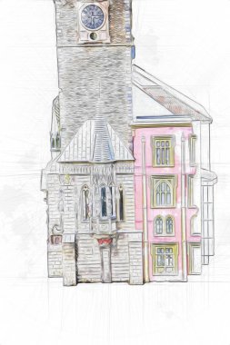 Prag 'daki eski şehir meydanı, Çek Cumhuriyeti, sanat illüstrasyonu antika eskiz