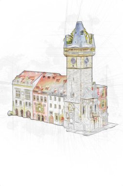 Prag 'daki eski şehir meydanı, Çek Cumhuriyeti, sanat illüstrasyonu antika eskiz