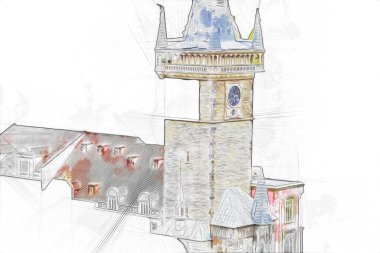 Prag 'daki eski şehir meydanı, Çek Cumhuriyeti, sanat illüstrasyonu antika eskiz