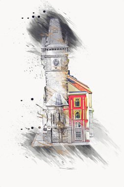 Prag 'daki eski şehir meydanı, Çek Cumhuriyeti, sanat illüstrasyonu antika eskiz