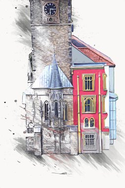 Prag 'daki eski şehir meydanı, Çek Cumhuriyeti, sanat illüstrasyonu antika eskiz