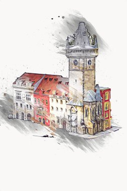 Prag 'daki eski şehir meydanı, Çek Cumhuriyeti, sanat illüstrasyonu antika eskiz