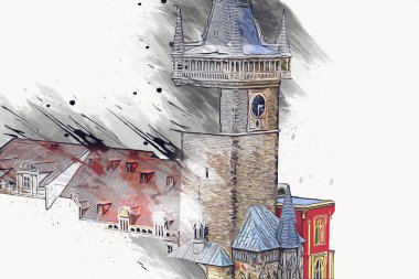 Prag 'daki eski şehir meydanı, Çek Cumhuriyeti, sanat illüstrasyonu antika eskiz