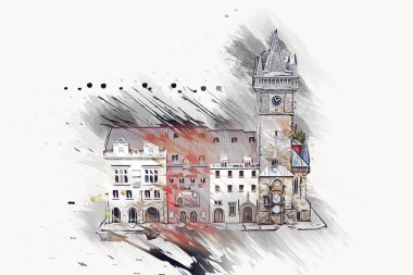 Prag 'daki eski şehir meydanı, Çek Cumhuriyeti, sanat illüstrasyonu antika eskiz