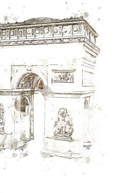 Arc de Triomphe du Carrousel, Atlıkarınca Meydanı 'nda bulunan bir zafer kemeridir. Paris 'in şehri. Paris 'in mimarisi ve simgeleri, sanat, çizim, retro, vintage, antika, skeç.