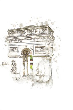 Arc de Triomphe du Carrousel, Atlıkarınca Meydanı 'nda bulunan bir zafer kemeridir. Paris 'in şehri. Paris 'in mimarisi ve simgeleri, sanat, çizim, retro, vintage, antika, skeç.