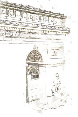 Arc de Triomphe du Carrousel, Atlıkarınca Meydanı 'nda bulunan bir zafer kemeridir. Paris 'in şehri. Paris 'in mimarisi ve simgeleri, sanat, çizim, retro, vintage, antika, skeç.