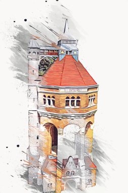 The water tower at Sudecka Street in Wroclaw, 63 meters high, designed by Karl Klimm. Built 1904-1905, situated in Borek, the district of Krzyki, Wroclaw, Poland.