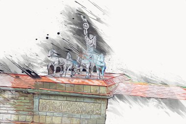 Branderburger Tor, Berlin, Germany, gate, art illustration retro vintage antique sketch