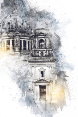 Berliner Dom, Berlin, Deutschland, Almanya, Avrupa, sanat illüstrasyonu antika eskiz
