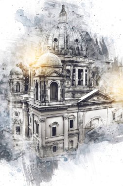 Berliner Dom, Berlin, Deutschland, Almanya, Avrupa, sanat illüstrasyonu antika eskiz