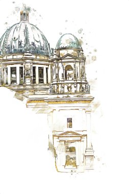 Berliner Dom, Berlin, Deutschland, Almanya, Avrupa, sanat illüstrasyonu antika eskiz