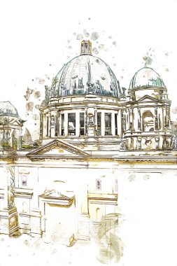 Berliner Dom, Berlin, Deutschland, Almanya, Avrupa, sanat illüstrasyonu antika eskiz