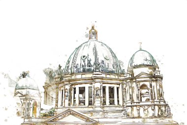 Berliner Dom, Berlin, Deutschland, Almanya, Avrupa, sanat illüstrasyonu antika eskiz