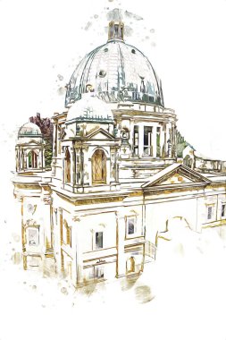 Berliner Dom, Berlin, Deutschland, Almanya, Avrupa, sanat illüstrasyonu antika eskiz