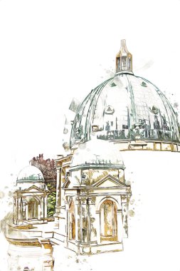 Berliner Dom, Berlin, Deutschland, Almanya, Avrupa, sanat illüstrasyonu antika eskiz