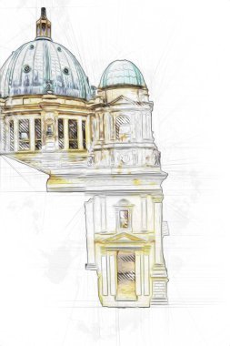 Berliner Dom, Berlin, Deutschland, Almanya, Avrupa, sanat illüstrasyonu antika eskiz