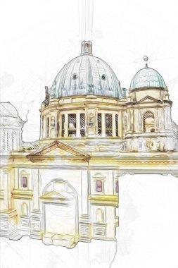 Berliner Dom, Berlin, Deutschland, Almanya, Avrupa, sanat illüstrasyonu antika eskiz