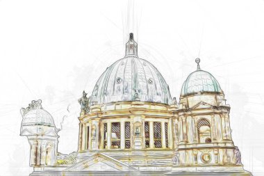 Berliner Dom, Berlin, Deutschland, Almanya, Avrupa, sanat illüstrasyonu antika eskiz