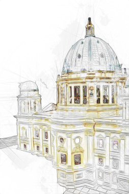 Berliner Dom, Berlin, Deutschland, Almanya, Avrupa, sanat illüstrasyonu antika eskiz
