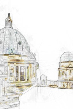 Berliner Dom, Berlin, Deutschland, Almanya, Avrupa, sanat illüstrasyonu antika eskiz