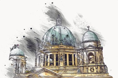 Berliner Dom, Berlin, Deutschland, Almanya, Avrupa, sanat illüstrasyonu antika eskiz