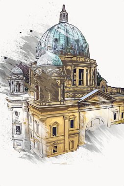 Berliner Dom, Berlin, Deutschland, Almanya, Avrupa, sanat illüstrasyonu antika eskiz