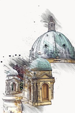 Berliner Dom, Berlin, Deutschland, Almanya, Avrupa, sanat illüstrasyonu antika eskiz