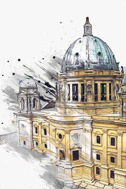Berliner Dom, Berlin, Deutschland, Almanya, Avrupa, sanat illüstrasyonu antika eskiz
