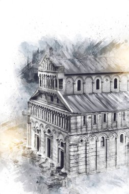 Pisa sanat fotoğrafçılığı, hava manzarası, İtalya, kule, illüstrasyon, antika eskiz