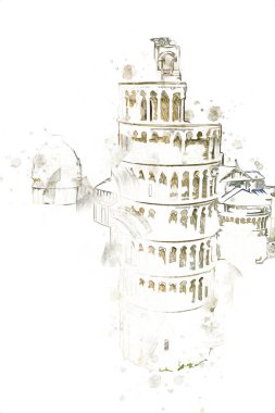 Pisa sanat fotoğrafçılığı, hava manzarası, İtalya, kule, illüstrasyon, antika eskiz