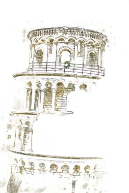 Pisa sanat fotoğrafçılığı, hava manzarası, İtalya, kule, illüstrasyon, antika eskiz