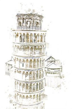 Pisa sanat fotoğrafçılığı, hava manzarası, İtalya, kule, illüstrasyon, antika eskiz