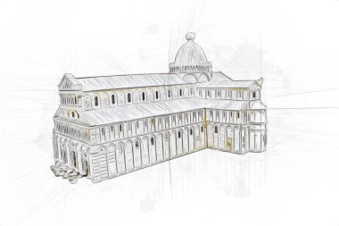 Pisa sanat fotoğrafçılığı, hava manzarası, İtalya, kule, illüstrasyon, antika eskiz