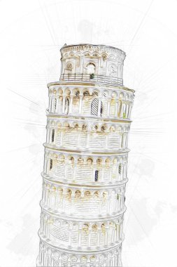 Pisa art photography aerial view, Italy, tower, illustration retro vintage antique sketch clipart