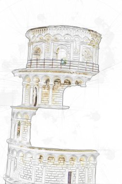 Pisa sanat fotoğrafçılığı, hava manzarası, İtalya, kule, illüstrasyon, antika eskiz