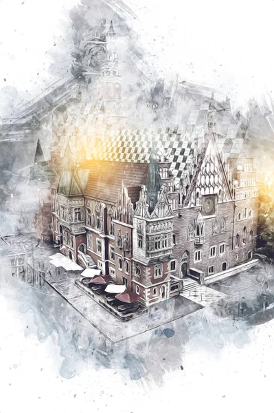 Belediyesi, Wroclaw, Polonya 'lı eski şehir meydanı, sanat illüstrasyonları antika eskizler