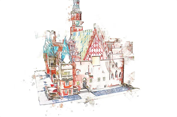 Old Town Square City Hall Wroclaw Poland Art Illustration Retro — Stock Photo, Image