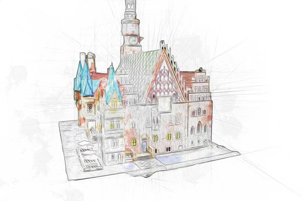 Belediyesi, Wroclaw, Polonya 'lı eski şehir meydanı, sanat illüstrasyonları antika eskizler